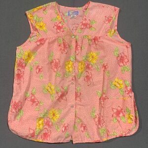 Moon Dance Vintage Pink Floral Polka Dot Sleeveless Button Front Smock Top 2X